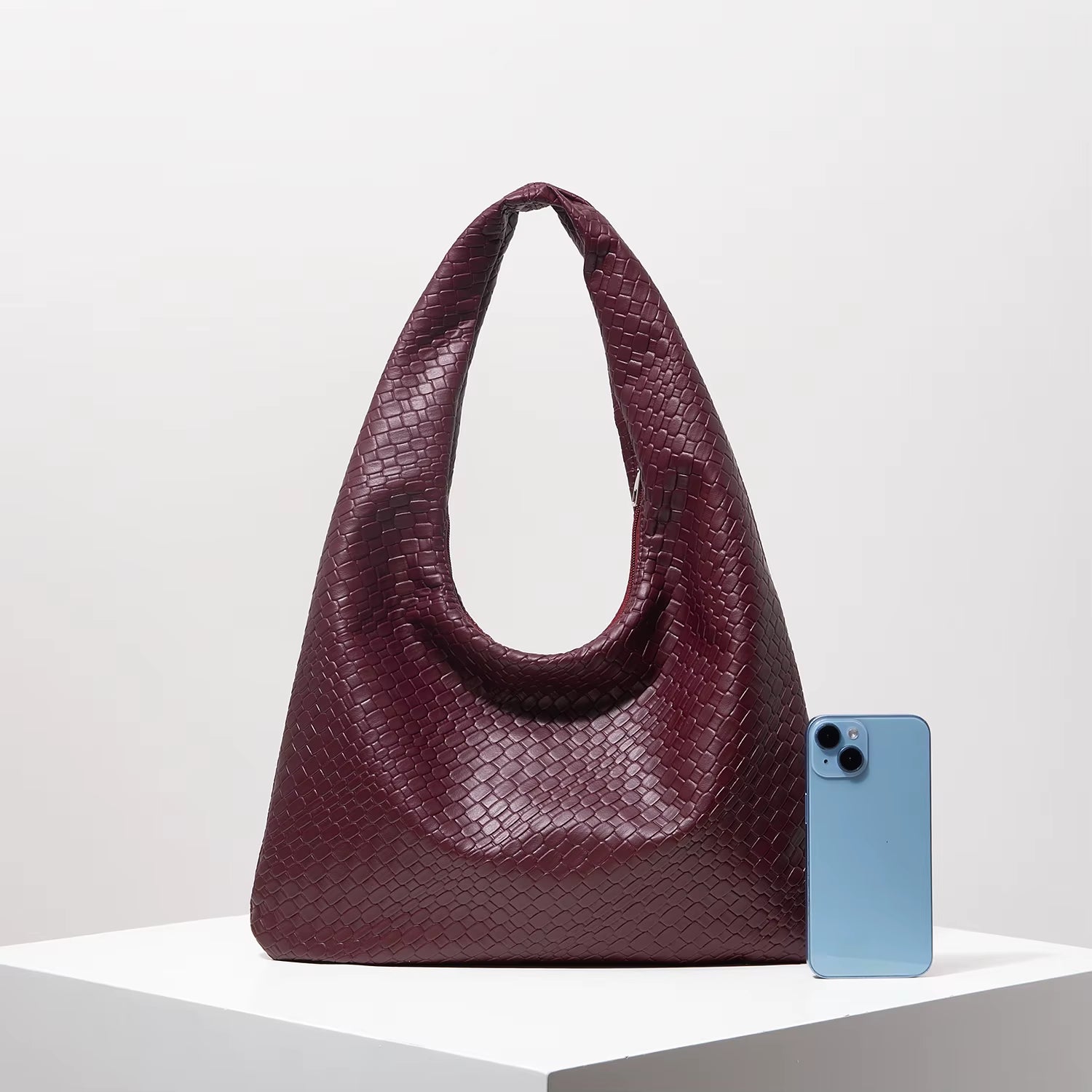 Vintage Web-Leder Schultertasche – Edle Crescent Tote