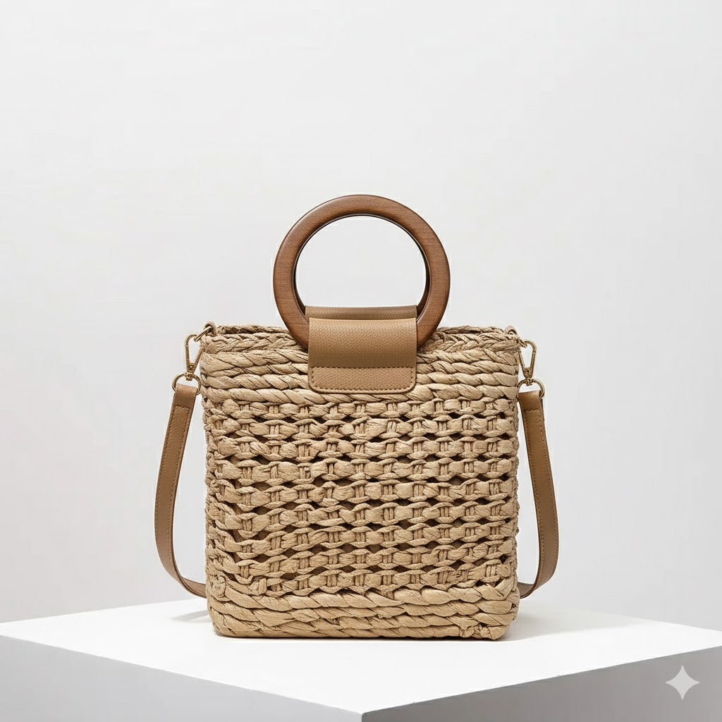 Boho-Eleganz: Handgeflochtene Stroh-Schultertasche in Khaki