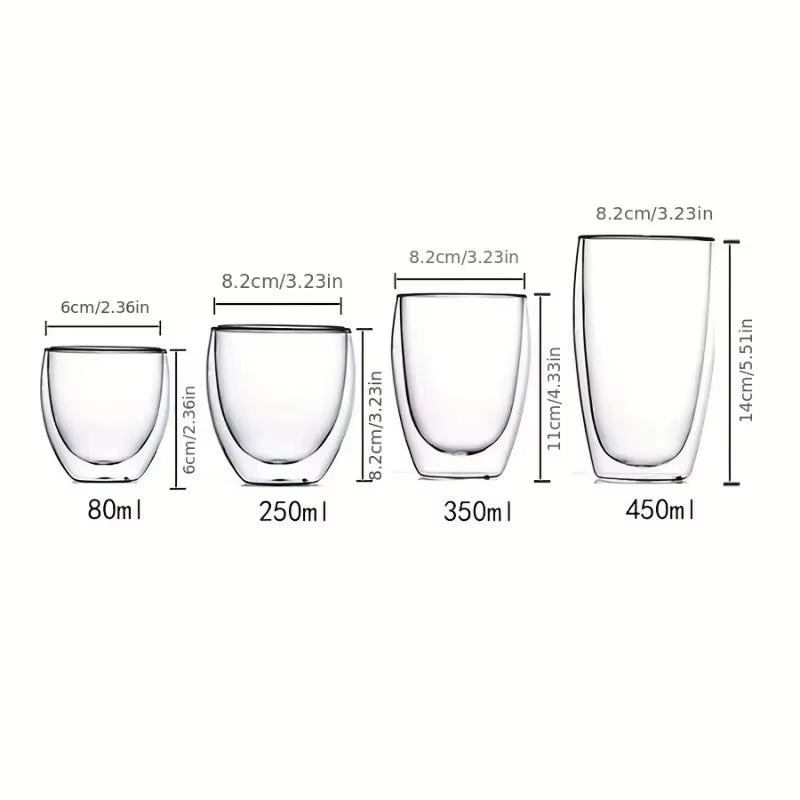 80/250/450Ml Double-Wall Insulated Clear Glass Espresso Cups Perfect for Tea, Coffee, Latte, Cafe, Milk, Restaurant Use
