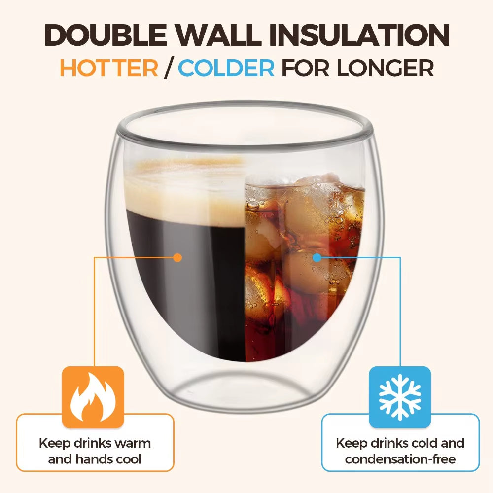 80/250/450Ml Double-Wall Insulated Clear Glass Espresso Cups Perfect for Tea, Coffee, Latte, Cafe, Milk, Restaurant Use